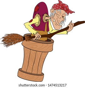 Baba Yaga flying in a mortar with a broom in his hands. Witch from Russian fairy tales. Cartoon on a white background. vector