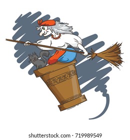 Baba Yaga flying in a mortar with cat and broomstick in the night. Russian granny witch. Halloween vector cartoon illustration.