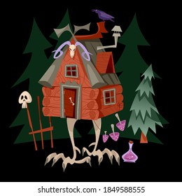 Baba Yaga House. Old witch from Slavic folklore. Fairytale hut standing on chicken legs. Vector illustration.