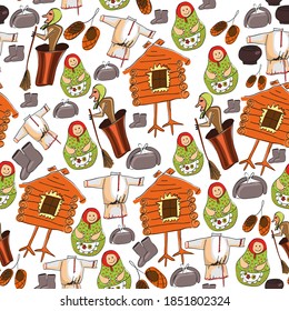 Baba Yaga, matryoshka hut seamless pattern in Slavic fairy-tale style. vector illustration