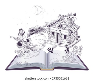 Baba Yaga old witch in mortar and hut on chicken legs. Russian folk fairy tale open book. Isolated on white vector cartoon illustration