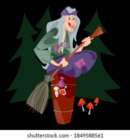 Baba Yaga (old witch from Slavic folklore) with a broom in her hands sitting on a large wooden mortar. Vector illustration