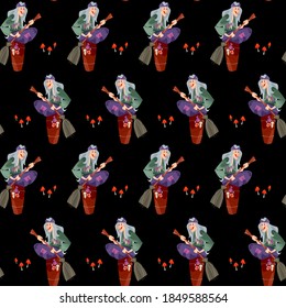 Baba Yaga (old witch from Slavic folklore) with a broom in her hands sitting on a large wooden mortar. Seamless background pattern. Vector illustration