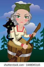 Baba Yaga, Slavic folklore witchwith black cat sitting in barrel and holding broom. The witch flies in stupa in forest. Vector illustration. Suitable for tantamareski