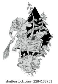 Baba Yaga, a witch from fairy tales and legends. Forest evil creature. Drawing black and white