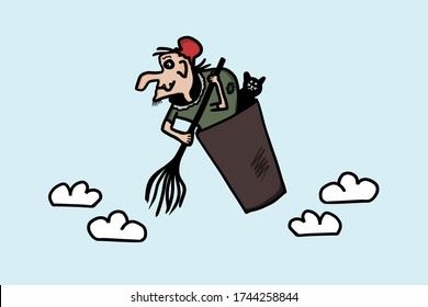 Baba Yaga witch flying with a black cat and a broom in a basket. Cartoon witch from russian fairy tales. Isolated vector drawing.