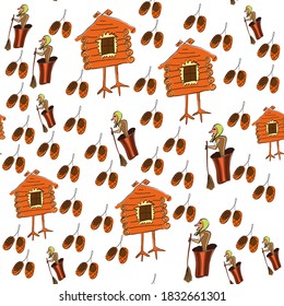 Baba Yaga, witch's hut, seamless pattern in Slavic fairy-tale style. vector illustration