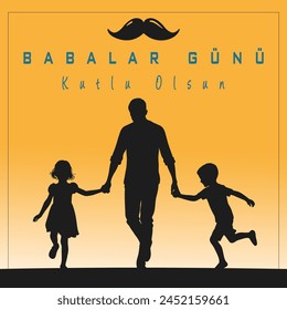 Babalar Günü or Father's Day vector illustration capturing , with a father walking hand in hand with his two children against a vivid orange backdrop, underlined by a playful mustache motif