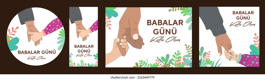 Babalar Günü Kutlu Olsun (Happy Father's Day) greeting card and social media template set. Father and son, dad and daughter vector illustration.