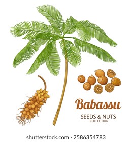 Babassu Palm with Nuts and Leaves Colored Detailed Illustration.Oil ingredient for cosmetics, spa, aromatherapy, health care, alternative medicine. Vector isolated for design or decoration.