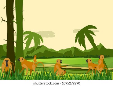 Babboo's family pack live natural scene in wild african landscape, concept environmental illustration