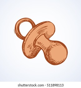 Babe gum comforter with circle plastic ring handle isolated on light white background. Freehand outline ink hand drawn symbol sketchy in art retro style pen on paper. View closeup with space for text