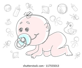 Babe with pacifier creeps on a lap.