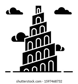 Babel Tower Bible story glyph icon. Ziggurat. High structure in Babylonia. Religious legend. Exodus Biblical narrative. Silhouette symbol. Negative space. Vector isolated illustration