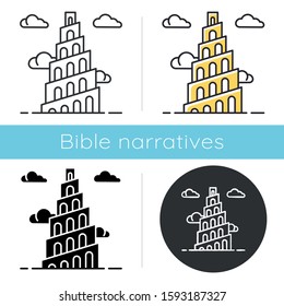 Babel Tower Bible story icon. Ziggurat. High structure in Babylonia. Religious legend. Exodus Biblical narrative. Glyph, chalk, linear and color styles. Isolated vector illustrations