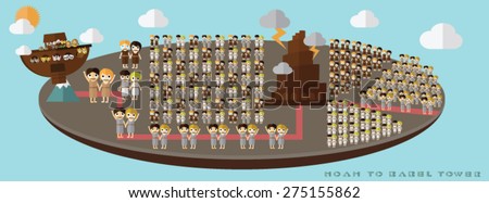 Babel tower from Noah ark Ararat mountain bible story in genesis with shadow cartoon vector illustration for study family Shem Ham Japheth humanity generation build  and God confound language scatter