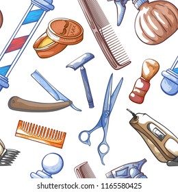 Babershop seamless pattern. Male quick haircut, beard trim and shave service, accessories and equipment. Vector babershop illustration