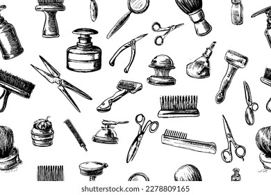 Babershop sketch tools set. Barber essential equipment collection, hair clippers, shears, razors. Vector hand drawn illustration hairdressing supplies