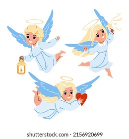 Babies Angel With Wings Flying Together Vector. Boy And Girl Infant Angel With Heart, Magic Stick In Star Shape And Burning Candle Fly Togetherness. Characters Cute Kids Flat Cartoon Illustration