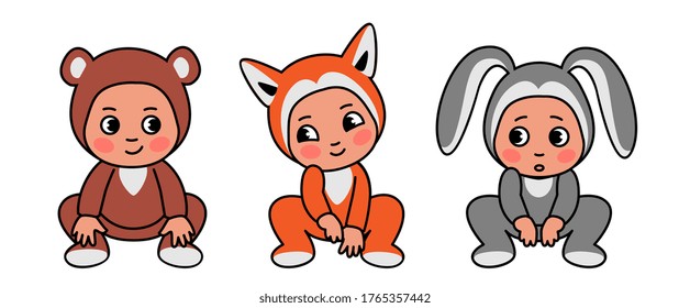 babies in animal costumes with ears, a brave teddy bear, a sly and flirty fox and a frightened bunny