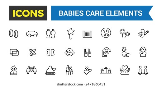 Babies, baby toys, feeding and care elements icon set. Outline icons pack. Editable vector icon and illustration.