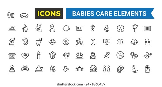 Babys, Babyspielzeug, Fütterung und Pflege Elemente Icon Set. Paket mit Gliederungssymbolen. Symbol und Abbildung der bearbeitbaren Vektorgrafik.