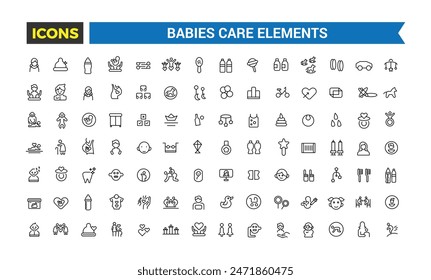 Babies, baby toys, feeding and care elements icon set. Outline icons pack. Editable vector icon and illustration.