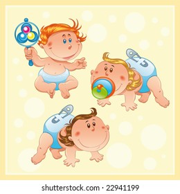 Babies with background. Funny cartoon and vector illustration