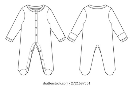 Babies bodysuit front and back view vector design mockup template technical flat drawing.