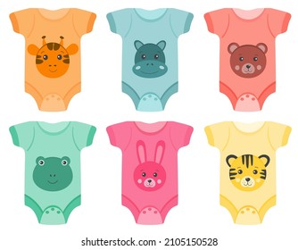 Babies Bodysuits Clothes. Baby clothes. Clothing for newborn kids. Collection of bodysuits with cute funny cartoon animals isolated on white background. Suitable for cards, poster, design elements