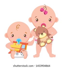 babies boy and girl baby shower bear and train toys vector illustration