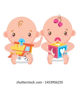babies boy and girl baby shower train and cube vector illustration