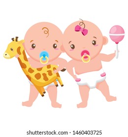 babies boy and girl baby shower giraffe and rattle vector illustration