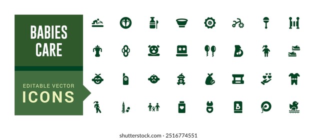 Babies care elements icon set. Solid editable icons pack. Filled icon set, glyph icon set for web and ui. Editable stroke. Solid icon set. Vector illustration.