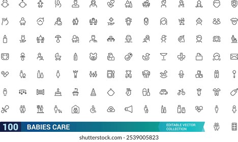 Babies care icon collection. Featuring diaper, feeding, safety, baby products, parenting, and more. Minimal line vector icons set. Vector illustration.