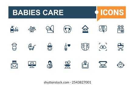 Babies Care icon set. Contains such icons as baby essentials, bath time, baby bath, girl, rocking and more. Vector illustration in modern line style.