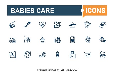 Babies Care icon set. Contains such icons as baby essentials, bath time, baby bath, girl, rocking and more. Vector illustration in modern line style.