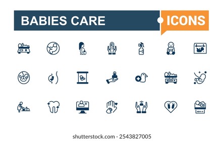 Babies Care icon set. Contains such icons as baby essentials, bath time, baby bath, girl, rocking and more. Vector illustration in modern line style.