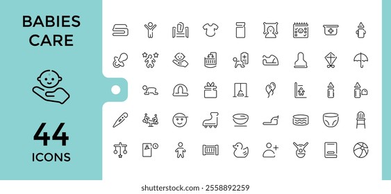 Babies Care icons set. Contains such icons as stroller, bear, bottle, safe, duck, birth, mother, milk. Minimalistic icons. Editable stroke. Vector illustration.