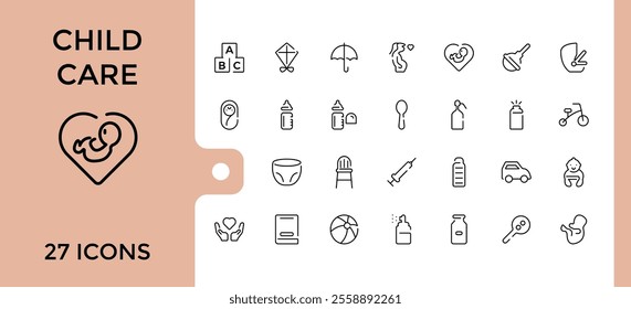 Babies Care icons set. Contains such icons as stroller, bear, bottle, safe, duck, birth, mother, milk. Minimalistic icons. Editable stroke. Vector illustration.