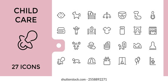 Babies Care icons set. Contains such icons as stroller, bear, bottle, safe, duck, birth, mother, milk. Minimalistic icons. Editable stroke. Vector illustration.