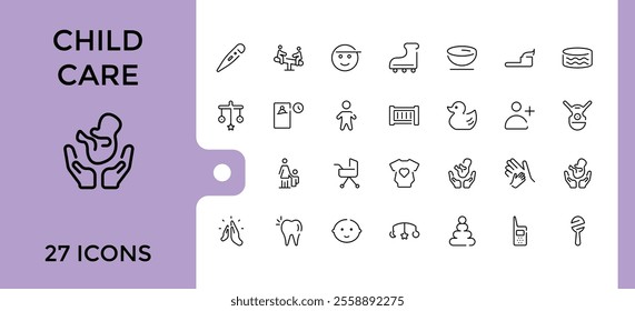 Babies Care icons set. Contains such icons as stroller, bear, bottle, safe, duck, birth, mother, milk. Minimalistic icons. Editable stroke. Vector illustration.