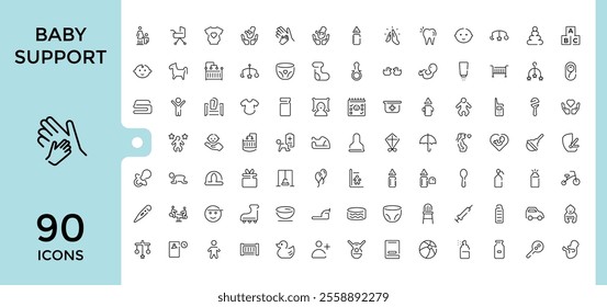 Babies Care icons set. Contains such icons as stroller, bear, bottle, safe, duck, birth, mother, milk. Minimalistic icons. Editable stroke. Vector illustration.