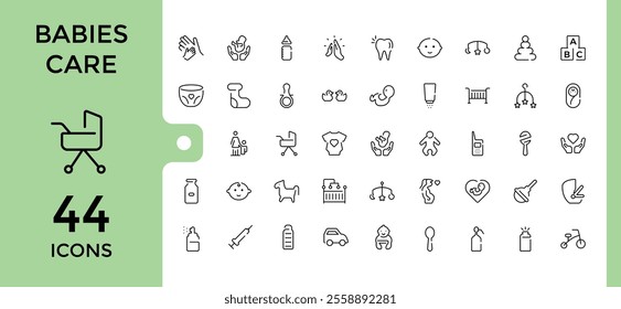 Babies Care icons set. Contains such icons as stroller, bear, bottle, safe, duck, birth, mother, milk. Minimalistic icons. Editable stroke. Vector illustration.