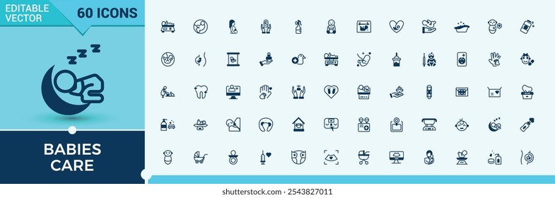 Babies Care vector line icon set. Contains related to bag, massage, infant care, rubber, toys, healthcare, dummy teat and more. Minimal linear icons. 