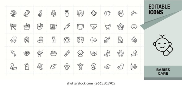 Conjunto de iconos de línea de Vector de cuidado de bebés. colección de iconos de contorno de Vector. Trazo de Vector editable. Conjunto de iconos secundarios. Contiene signo lineal niño, bebé, recién nacido, cuidado, niño y más.