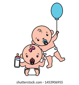 babies couple with balloon helium and bottle milk vector illustration design