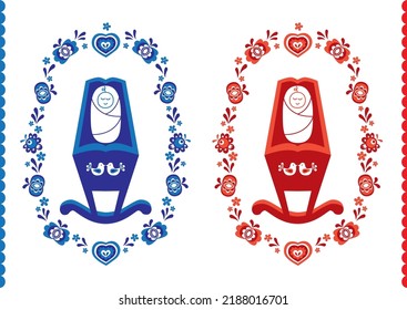 Bebés en una cuna. Diseño folclórico moraviano.