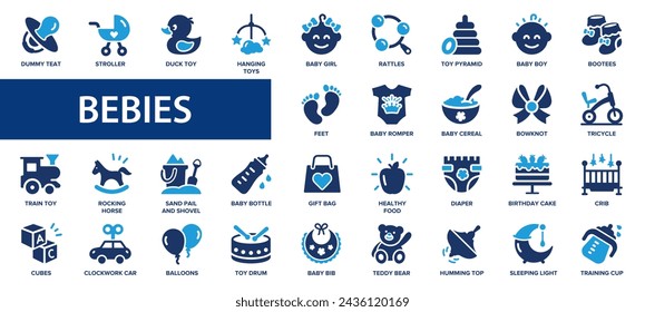 Babies flat icons set. Baby, care, rattles, baby toys icons and more signs. Flat icon collection.