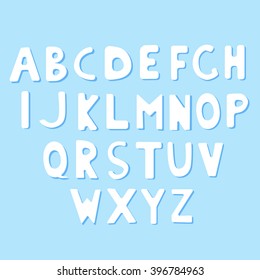 Babies font. Comic font. Cute latin alphabet on a blue background. Vector illustration, eps 10